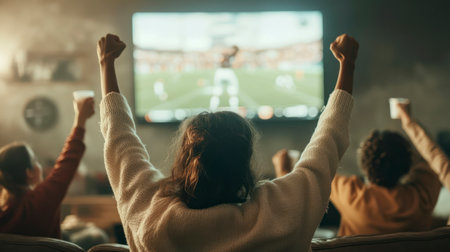 A group of people celebrates while watching a sports match on TV at home. They raise their arms in excitement, showing enthusiasm and joy for the game.の素材