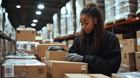 Black woman in dark uniform sealing a cardboard box at a warehouse. She is focused and careful, surrounded by packages in a logistics environment.の素材