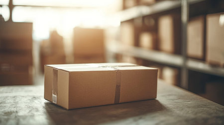 Cardboard shipping box sits sealed on a metal table inside a warehouse. Background shows storage shelves in warm light, suggesting logistics or delivery.の素材