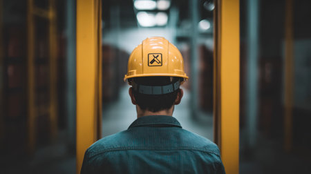 A male worker, likely of Hispanic or Latino ethnicity, is seen from behind wearing a yellow safety helmet inside a warehouse. He stands between tall shelves.の素材