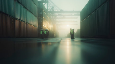 Group of male and female workers in safety gear stand between stacked containers at a port during sunrise. Industrial setting suggests global logistics.の素材