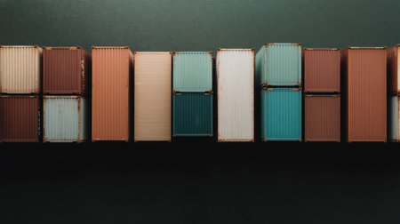 Top-down view of various colored cargo containers aligned over a body of water. No people. Industrial, symmetrical, and focused on global logistics.の素材