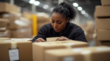 Black woman in dark uniform sealing a cardboard box at a warehouse. She is focused and careful, surrounded by packages in a logistics environment.の素材