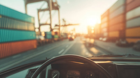 Interior view of a truck cab driving past stacked shipping containers at a port during sunrise. No person visible, commercial logistics scene.の素材