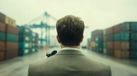 Rear view of Caucasian man in a suit, holding a camera at a shipping yard with cargo containers and cranes, observing the port in overcast weather.の素材