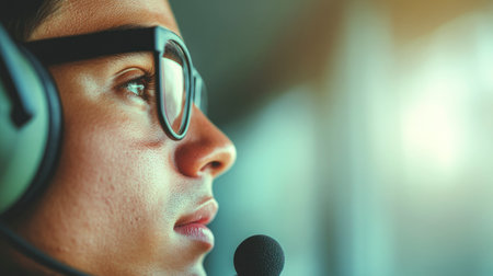 Close-up of a light-skinned person wearing glasses and a headset with a mic, gazing forward with focus. The background is softly blurred and lit.の素材