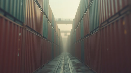 Symmetrical rows of stacked cargo containers stretch into the fog at an industrial port. No people are visible. Moody, atmospheric commercial scene.の素材