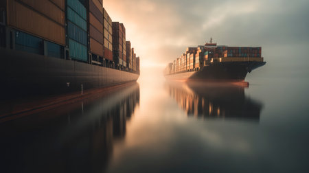 Two large container ships sail through a calm sea at sunrise, surrounded by mist. No people visible. Peaceful, global trade and shipping concept.の素材