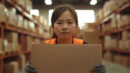 Asian girl in safety vest and gloves stands in a warehouse aisle holding a cardboard box, facing forward with a neutral expression, symbolizing labor.の素材