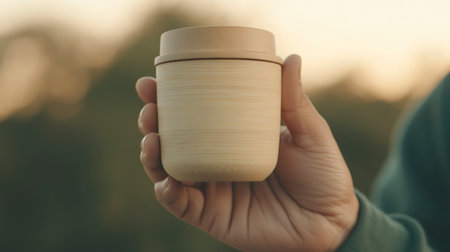 Close-up of a light-skinned female hand holding an eco-friendly cup in a wheat field at sunset. Warm light, sustainable living, outdoor lifestyle.の素材