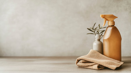 Brown spray bottle, folded beige towel, and a small vase with green leaves on a wooden surface. No people. Minimalist interior scene with soft light.の素材