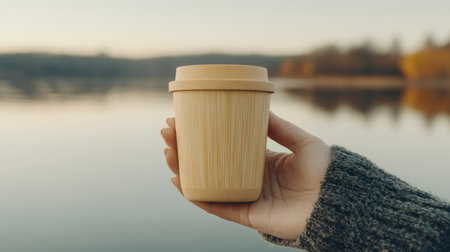 Close-up of a light-skinned female hand holding a bamboo cup by a calm lake. Autumn landscape, eco-friendly lifestyle, nature in the background.の素材