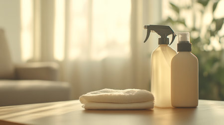 A spray bottle, pump dispenser, and folded towel on a wooden table in a warmly lit living room. No people present. Clean, calm, and minimal setting.の素材