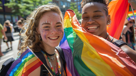 Group of young, diverse adults (Caucasian, Middle Eastern) smile at LGBTQ pride event, holding rainbow flags and wearing colorful accessories outdoors.の素材