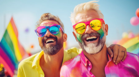 Two middle-aged Caucasian men with colorful face paint and sunglasses smiling at an outdoor pride event, showing joy, pride, and LGBTQ support.の素材