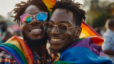 Two Black men wearing sunglasses smile closely, wrapped in a rainbow pride flag at an outdoor LGBTQ+ event, showing love, joy, and inclusiveness.の素材