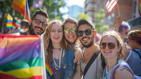 Group of young, diverse adults (Caucasian, Middle Eastern) smile at LGBTQ pride event, holding rainbow flags and wearing colorful accessories outdoors.の素材