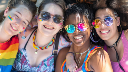 Four diverse young women smiling closely at an LGBTQ pride event, wearing sunglasses and colorful clothes. Multiracial, joyful, and inclusive celebration.の素材