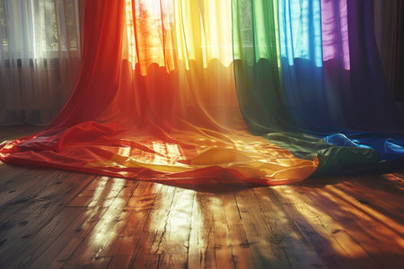 A sheer rainbow curtain hangs by a window, casting vibrant, multicolored sunlight patterns across a wooden floor in a peaceful indoor setting.の素材