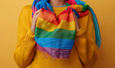 Close-up of a person holding a rainbow pride scarf, wearing a yellow sweater. No visible face. Colorful background with strong LGBTQ+ symbolism.の素材