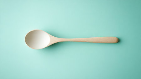 A single wooden spoon lies flat on a green surface. No people. Studio lighting highlights the grain and simplicity of the eco-friendly kitchen utensil.の素材