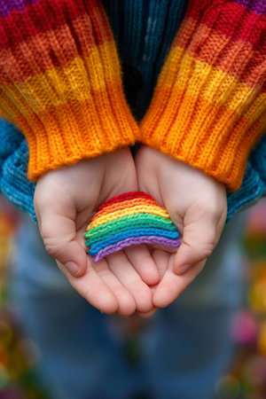 Close-up of a child's hands gently holding a handmade rainbow. The child wears a bright knitted sweater. Image shows care, pride, and support.の素材
