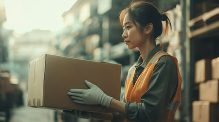 Asian girl in safety vest and gloves stands in a warehouse aisle holding a cardboard box, facing forward with a neutral expression, symbolizing labor.の素材