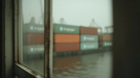 Out-of-focus shipping containers are seen through an old window on a rainy day at port, suggesting transport, trade, and maritime logistics.の素材