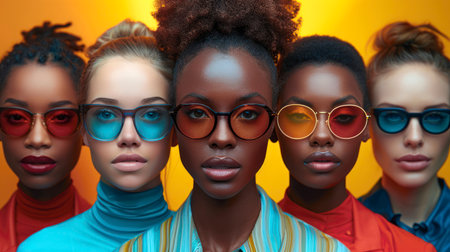 Group of five diverse women wearing bold sunglasses. Close-up portrait, various ethnicities, modern style, serious expressions, fashion-focused.の素材