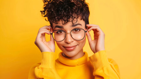Portrait of a confident young woman with short hair, glasses, and a nose ring, smiling and posing with hands on head against a yellow background.の素材