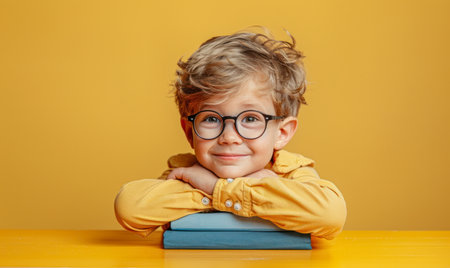 Blonde boy with glasses, wearing a yellow shirt, smiling and resting on blue books. Warm yellow background. Caucasian, happy expression, positive mood.の素材