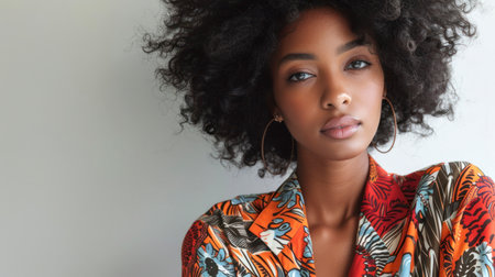 Portrait of an African woman with afro hair, wearing colorful prints. Confident expression, direct gaze, makeup, and natural beauty. Focus on face.の素材