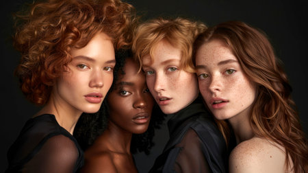 Five women of diverse ethnicities pose closely in a beauty portrait, bare shoulders, natural makeup, embracing diversity, beauty, and inclusivity.の素材