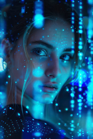 A young Caucasian woman, futuristic look, surrounded by glowing digital code, blue cyber light, close-up, studio setting, tech concept, AI theme.の素材