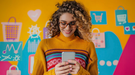 A young woman with curly hair, wearing glasses and a colorful sweater, smiles while looking at her phone. The background features shopping and tech icons.の素材