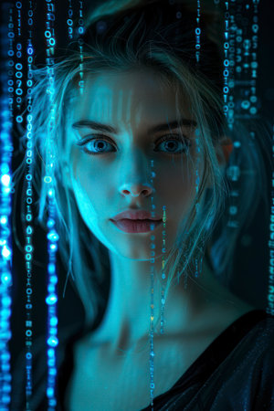 A young Caucasian woman, futuristic look, surrounded by glowing digital code, blue cyber light, close-up, studio setting, tech concept, AI theme.の素材