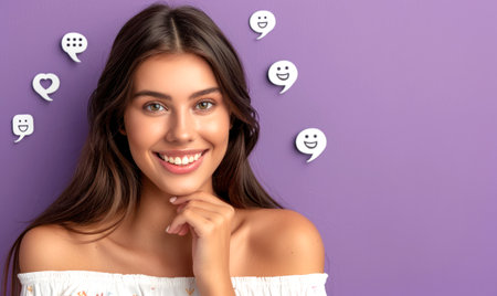 Portrait of a confident young woman with light skin and long brown hair, smiling at the camera in front of a purple wall with floating emojis.の素材
