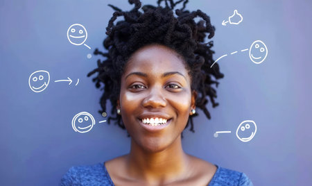 Confident young woman with curly hair smiling, standing in front of a vibrant wall decorated with colorful emoji icons. Indoor, casual style.の素材