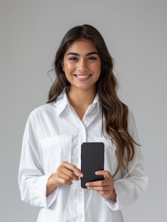 A young woman with long brown hair, light skin, and a bright smile holds a black smartphone, wearing a white shirt, standing in a neutral studio.の素材