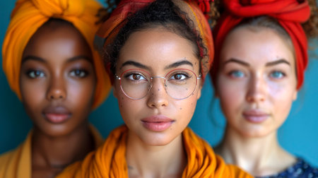 Three women wearing vibrant head wraps in red, yellow, and pink. Diverse ethnicity, close-up portrait. Confident expressions, bold style.の素材
