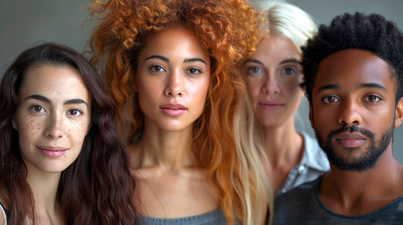 Four young adults of diverse ethnicities (Black, Caucasian, Mixed) stand closely together, gazing directly at the camera with confident, relaxed expressions.の素材