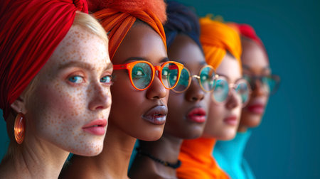 Portrait of four diverse women, close together in soft natural light. Each wears a scarf or wrap, facing camera with neutral expressions.の素材