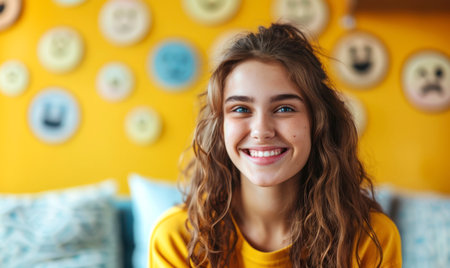 Teenage Caucasian girl with curly brown hair, wearing a yellow shirt, smiling at camera in a cheerful indoor space with yellow wall and emojis.の素材