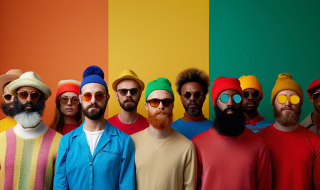 A diverse group of men and women, various ethnicities, dressed in colorful outfits with hats and sunglasses, posing against a vibrant geometric background.の素材