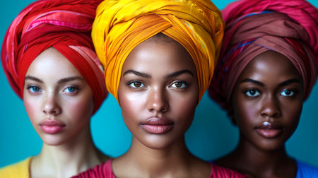 Three women wearing vibrant head wraps in red, yellow, and pink. Diverse ethnicity, close-up portrait. Confident expressions, bold style.の素材