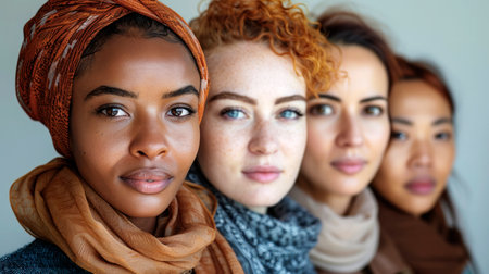 Portrait of four diverse women, close together in soft natural light. Each wears a scarf or wrap, facing camera with neutral expressions.の素材