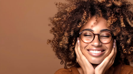 Portrait of a young Black woman with curly hair and glasses, wearing a blue shirt. She smiles warmly with hands on cheeks against a neutral background.の素材