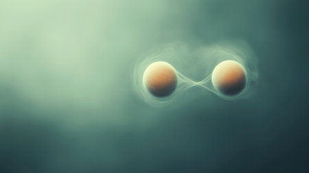 Two translucent spheres appear to merge in the center, suspended in a soft gradient green space. Abstract representation of fusion, unity, or biology.の素材