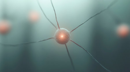 Highly detailed 3D illustration of a single biological cell with multiple filaments or receptors, suspended in a soft-focus scientific background. No people.の素材