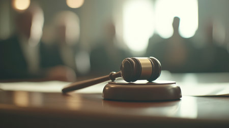 Wooden gavel rests on a desk in a courtroom with blurred audience in the background. Symbol of justice, law, and legal proceedings. No people visible.の素材